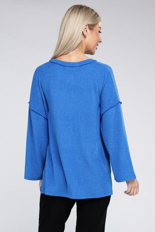 Ribbed Brushed Melange Hacci Henley Sweater-Charmful Clothing Boutique