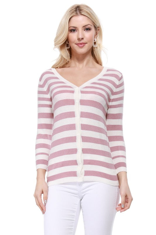 V Neck Striped Spandex Sweater Cardigan-Charmful Clothing Boutique