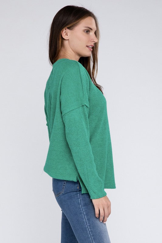 Ribbed Brushed Melange Hacci Sweater with a Pocket-Charmful Clothing Boutique