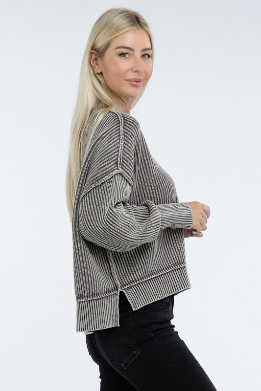 Washed Side Slit Oversized Cropped Sweater-Charmful Clothing Boutique