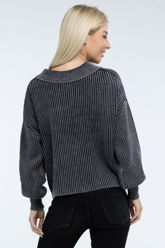 Washed Collared Henley Sweater-Charmful Clothing Boutique