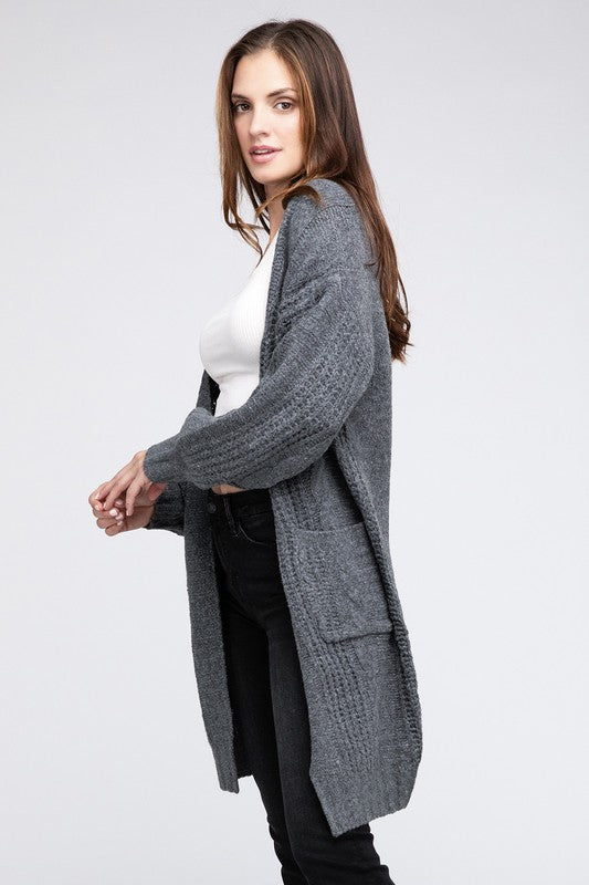 Twist Knitted Open Front Cardigan With Pockets-Charmful Clothing Boutique