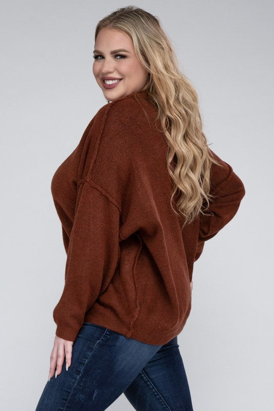 Plus Oversized Round Neck Raw Seam Melange Sweater-Charmful Clothing Boutique