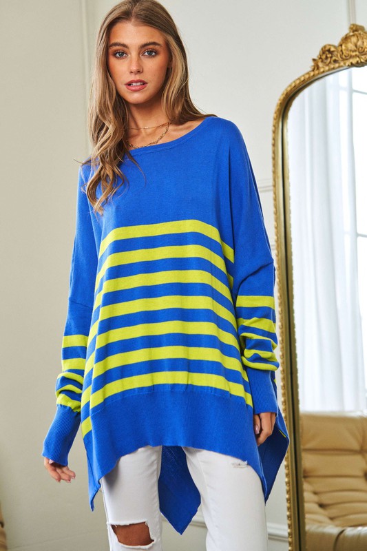 Multi Striped Elbow Patch Loose Fit Sweater Top-Charmful Clothing Boutique