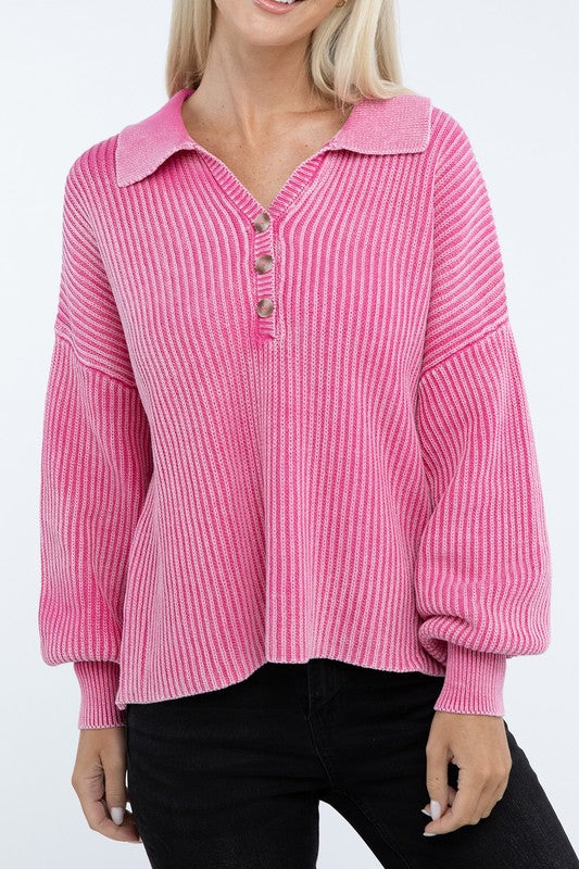 Washed Collared Henley Sweater-Charmful Clothing Boutique