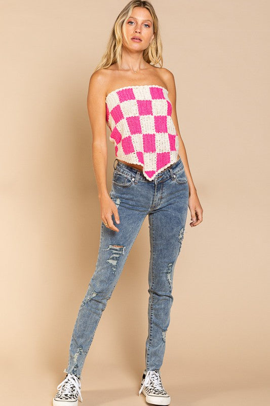 Checkerboard Pattern Tube Top Sweater-Charmful Clothing Boutique