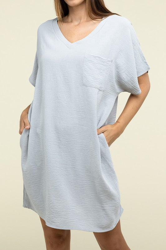 Woven Airflow V Neck T-Shirt Dress with Pockets-Charmful Clothing Boutique