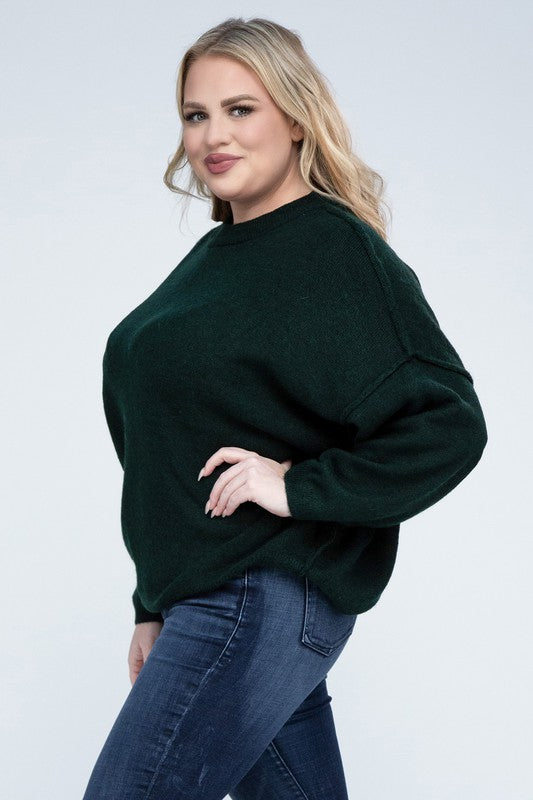 Plus Oversized Round Neck Raw Seam Melange Sweater-Charmful Clothing Boutique