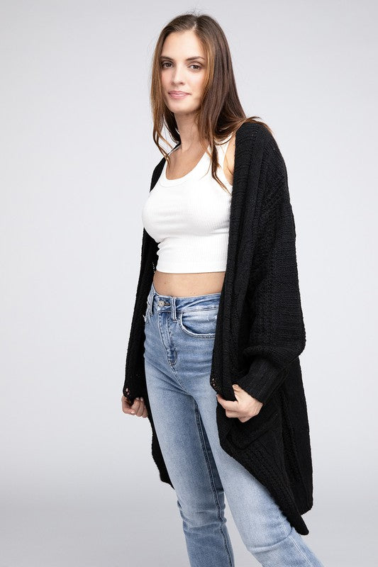 Twist Knitted Open Front Cardigan With Pockets-Charmful Clothing Boutique