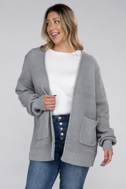 Plus Low Gauge Waffle Open Cardigan Sweater-Charmful Clothing Boutique