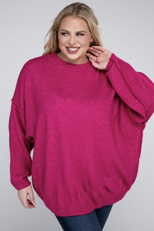 Plus Oversized Round Neck Raw Seam Melange Sweater-Charmful Clothing Boutique