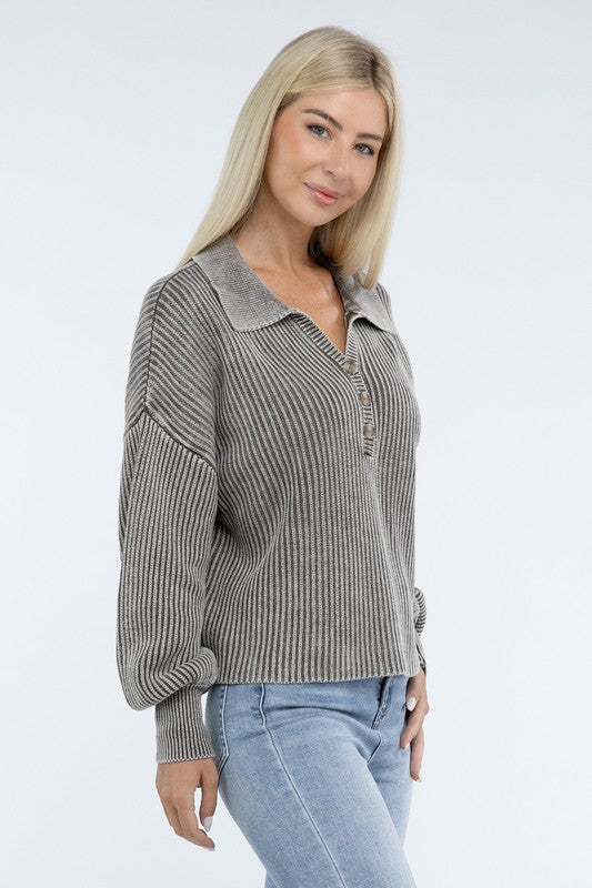 Washed Collared Henley Sweater-Charmful Clothing Boutique