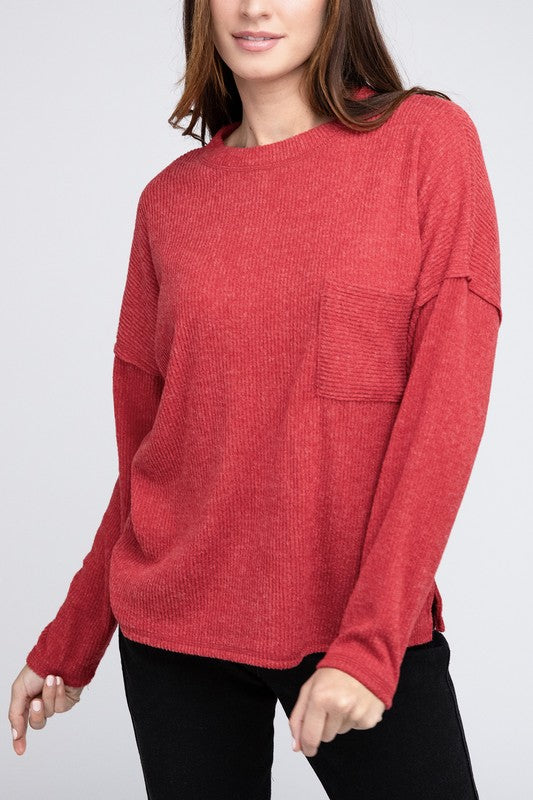 Ribbed Brushed Melange Hacci Sweater with a Pocket-Charmful Clothing Boutique