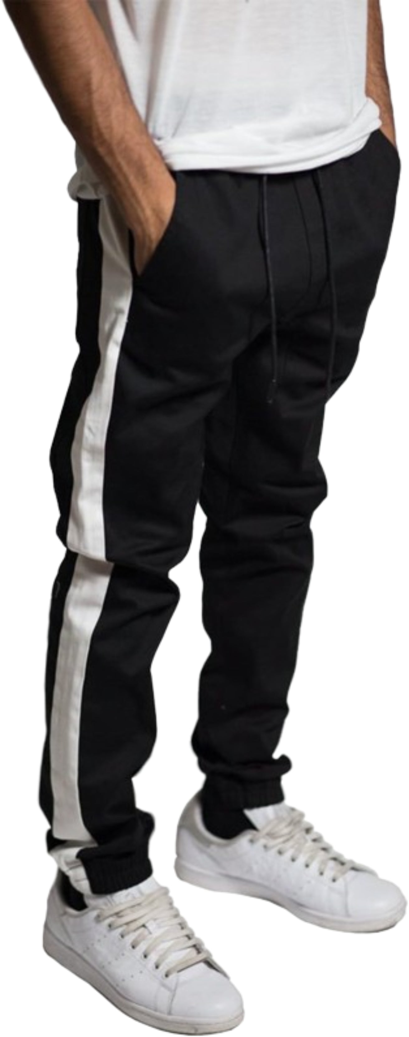 Kayden K Men's Black and White Striped Stretch Twill Jogger Pants, Elastic Waist, Ankles, Gusset, Pockets-Charmful Clothing Boutique