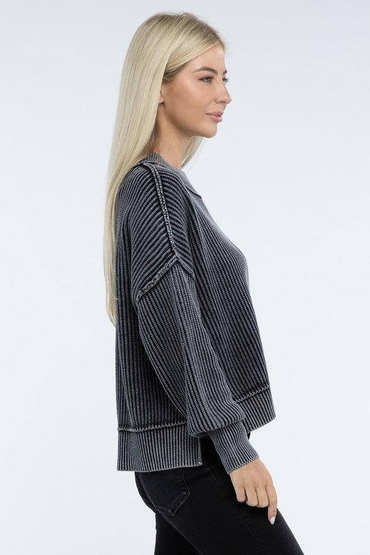 Washed Side Slit Oversized Cropped Sweater-Charmful Clothing Boutique