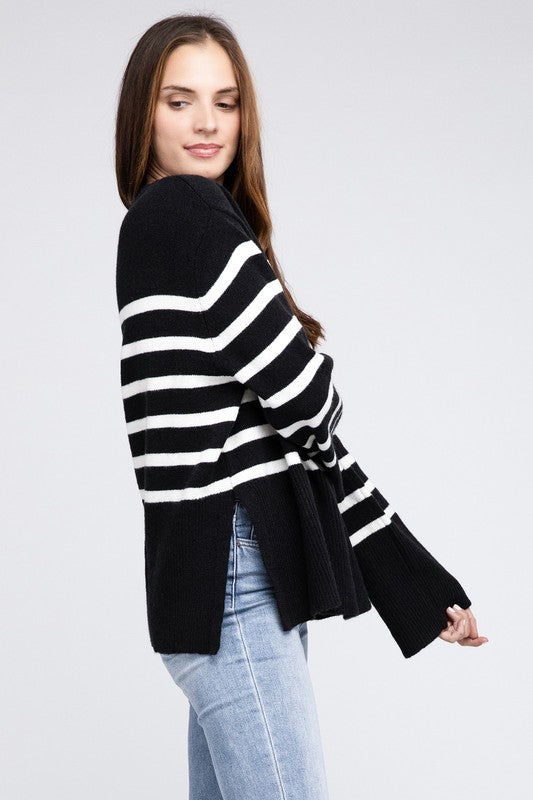 Ribbed Hem Stripe Sweater-Charmful Clothing Boutique