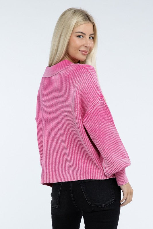 Washed Collared Henley Sweater-Charmful Clothing Boutique