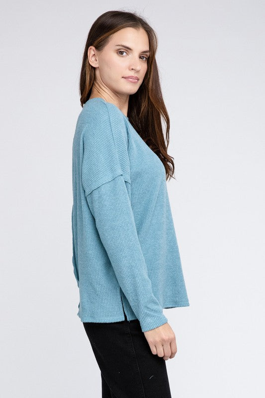 Ribbed Brushed Melange Hacci Sweater with a Pocket-Charmful Clothing Boutique