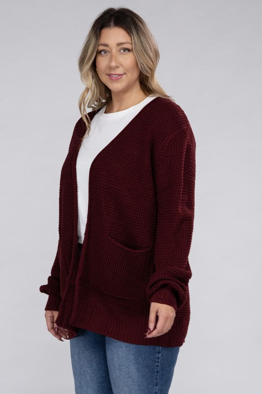 Plus Low Gauge Waffle Open Cardigan Sweater-Charmful Clothing Boutique