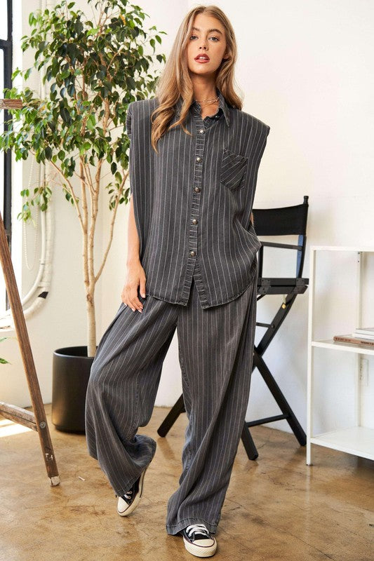 Stripe Button Down Shirt and Long Pants Set-Charmful Clothing Boutique