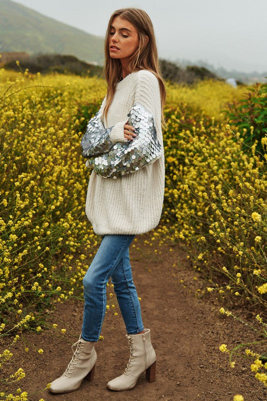 Sequin Sleeve Sweater Knit Tunic Top-Charmful Clothing Boutique