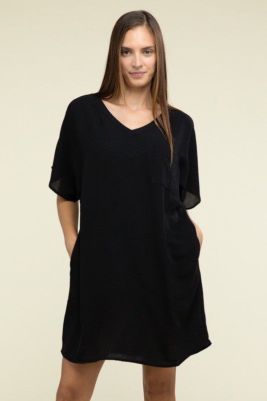 Woven Airflow V Neck T-Shirt Dress with Pockets-Charmful Clothing Boutique