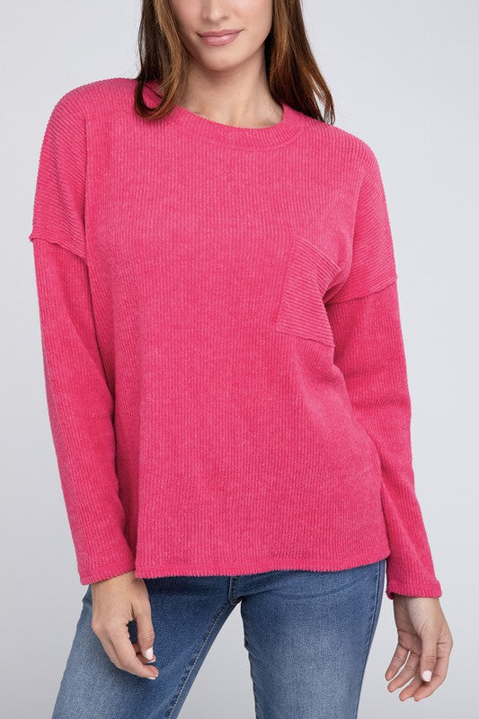 Ribbed Brushed Melange Hacci Sweater with a Pocket-Charmful Clothing Boutique