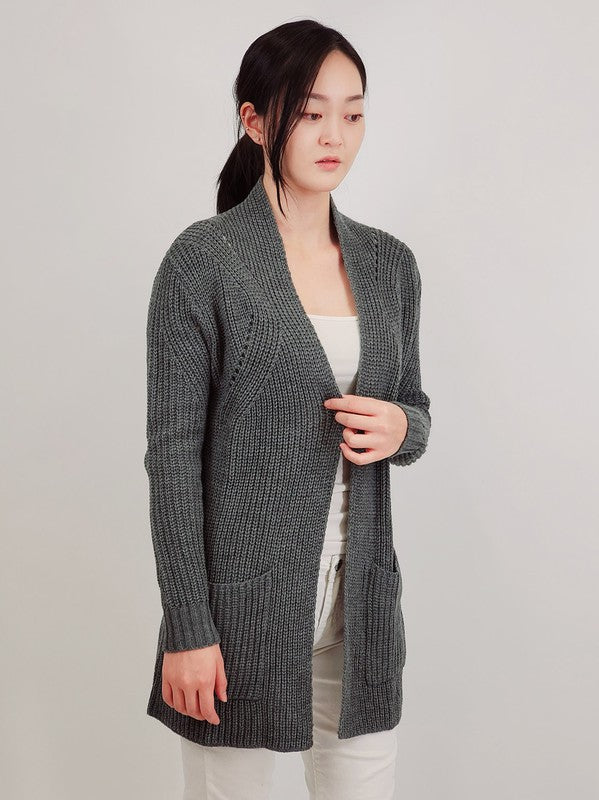 Open Front Waffle Knit Sweater Cardigan w/ Pocket-Charmful Clothing Boutique