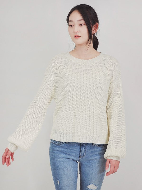 Puff Bell Sleeve Waffle Knit Pullover Sweater Top-Charmful Clothing Boutique