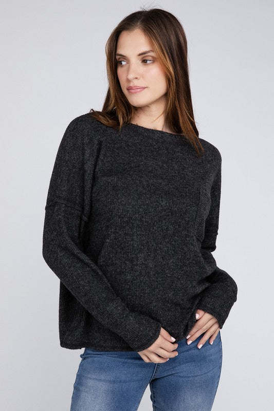 Ribbed Brushed Melange Hacci Sweater with a Pocket-Charmful Clothing Boutique