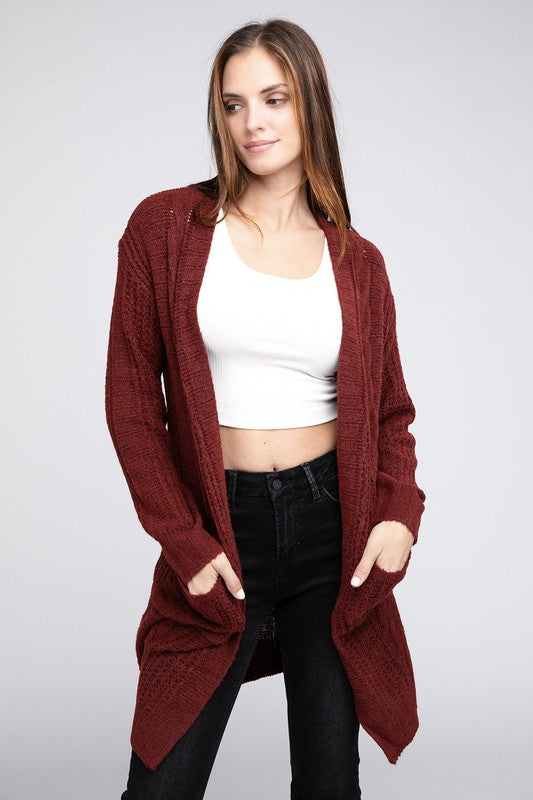 Twist Knitted Open Front Cardigan With Pockets-Charmful Clothing Boutique