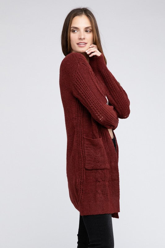 Twist Knitted Open Front Cardigan With Pockets-Charmful Clothing Boutique