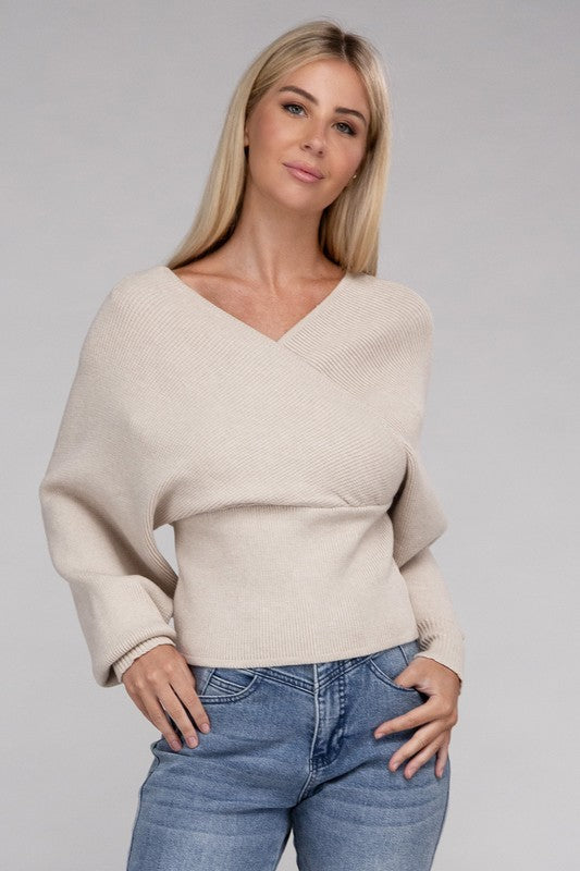 Viscose Cross Wrap Pullover Sweater-Charmful Clothing Boutique