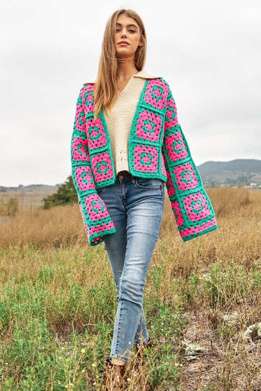 Two-Tone Floral Square Crochet Open Knit Cardigan-Charmful Clothing Boutique