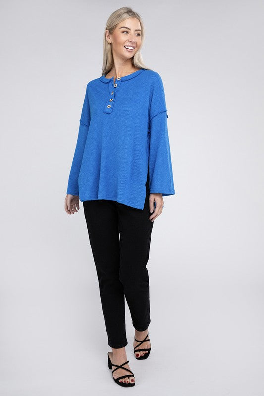 Ribbed Brushed Melange Hacci Henley Sweater-Charmful Clothing Boutique