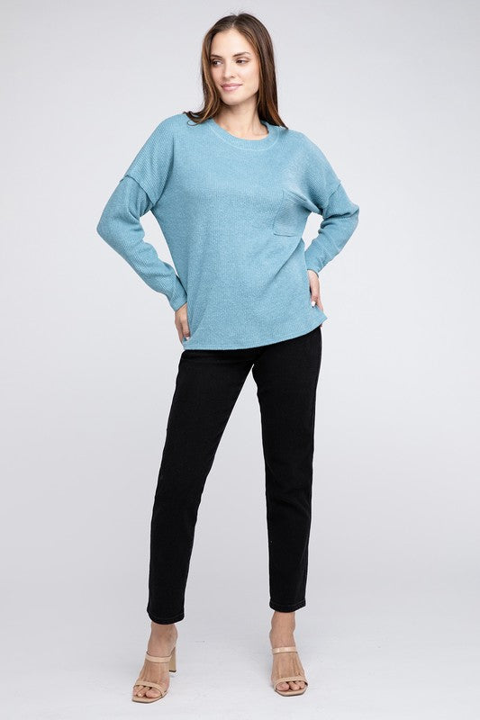 Ribbed Brushed Melange Hacci Sweater with a Pocket-Charmful Clothing Boutique