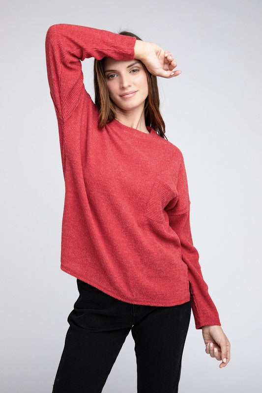 Ribbed Brushed Melange Hacci Sweater with a Pocket-Charmful Clothing Boutique