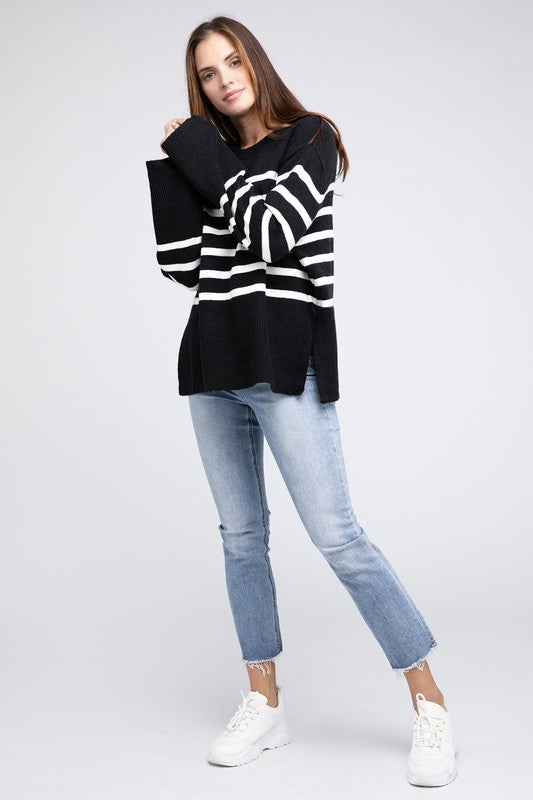 Ribbed Hem Stripe Sweater-Charmful Clothing Boutique