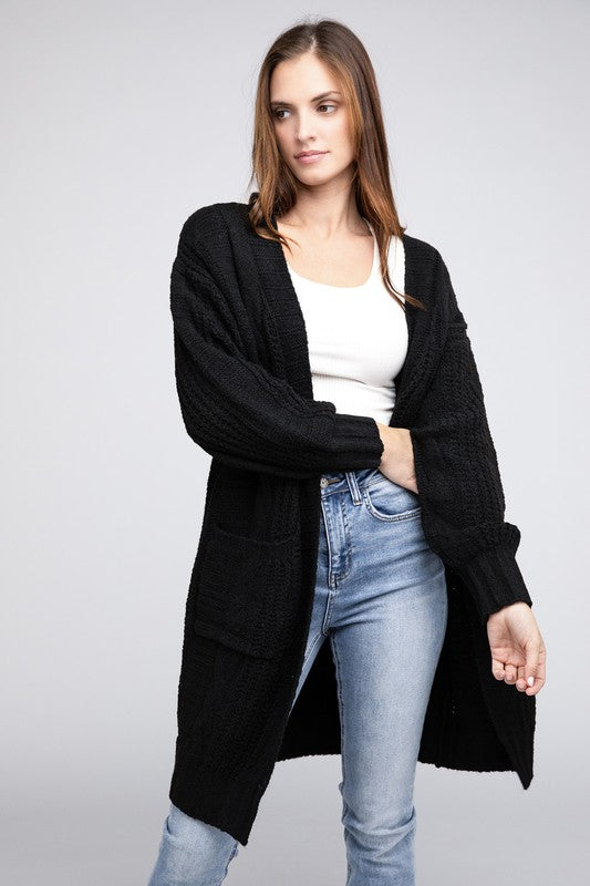 Twist Knitted Open Front Cardigan With Pockets-Charmful Clothing Boutique