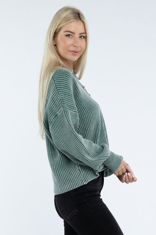 Washed Collared Henley Sweater-Charmful Clothing Boutique