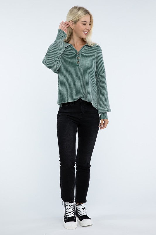 Washed Collared Henley Sweater-Charmful Clothing Boutique