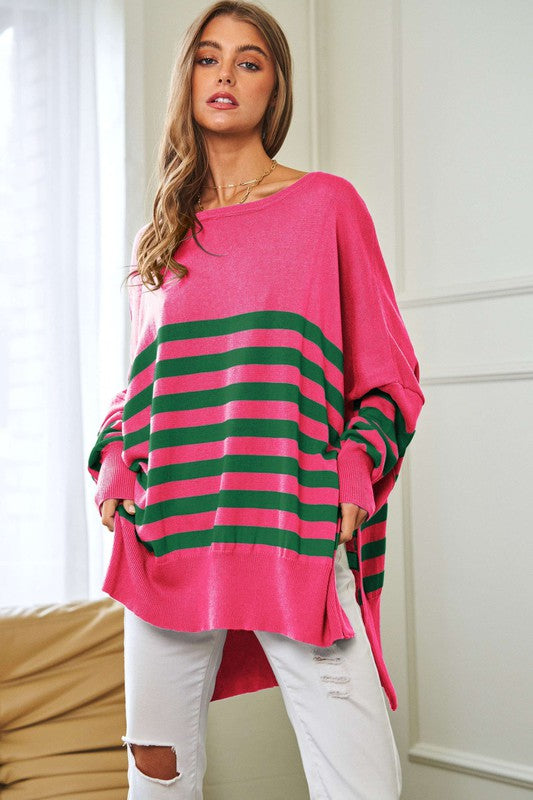 Multi Striped Elbow Patch Loose Fit Sweater Top-Charmful Clothing Boutique