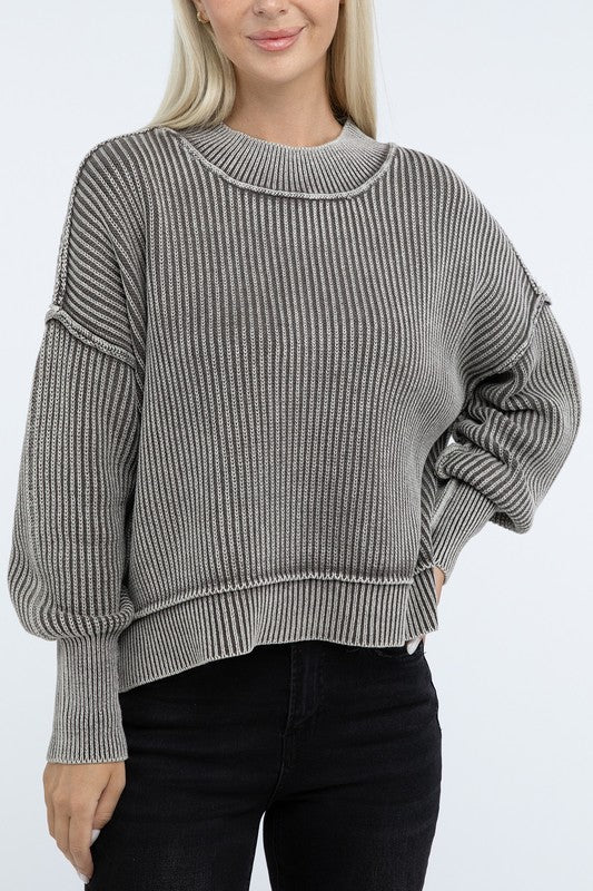 Washed Side Slit Oversized Cropped Sweater-Charmful Clothing Boutique