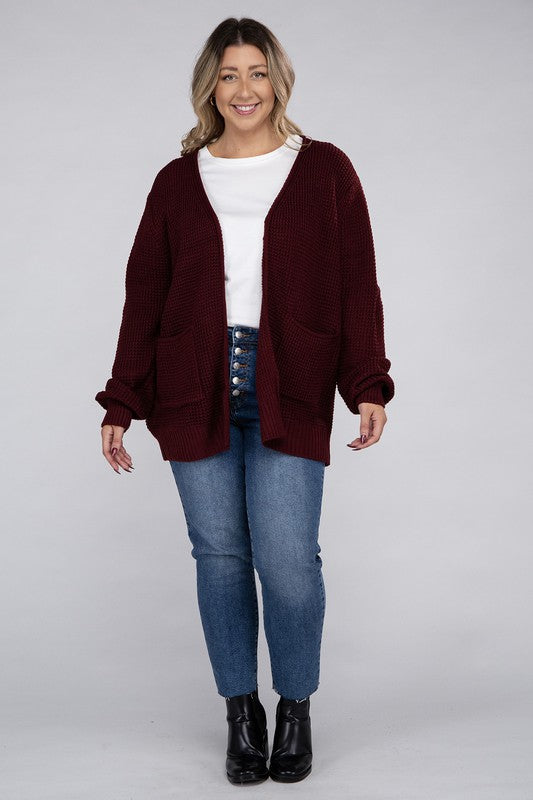 Plus Low Gauge Waffle Open Cardigan Sweater-Charmful Clothing Boutique