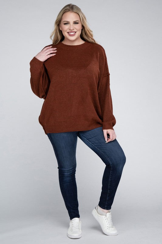 Plus Oversized Round Neck Raw Seam Melange Sweater-Charmful Clothing Boutique