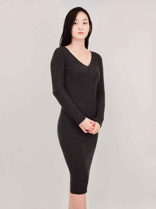 V-Neck Sheer Ribbed Knit Long Sleeve Sweater Dress-Charmful Clothing Boutique