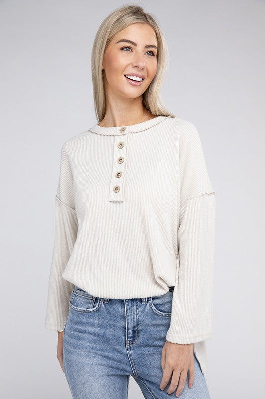 Ribbed Brushed Melange Hacci Henley Sweater-Charmful Clothing Boutique