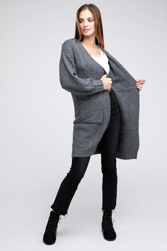 Twist Knitted Open Front Cardigan With Pockets-Charmful Clothing Boutique