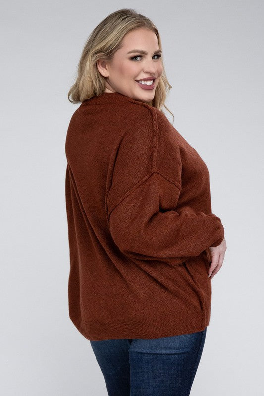 Plus Oversized Round Neck Raw Seam Melange Sweater-Charmful Clothing Boutique