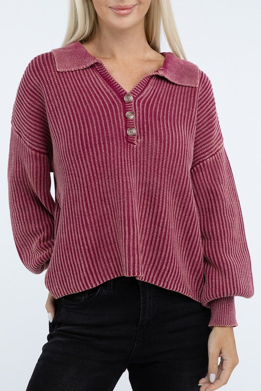 Washed Collared Henley Sweater-Charmful Clothing Boutique